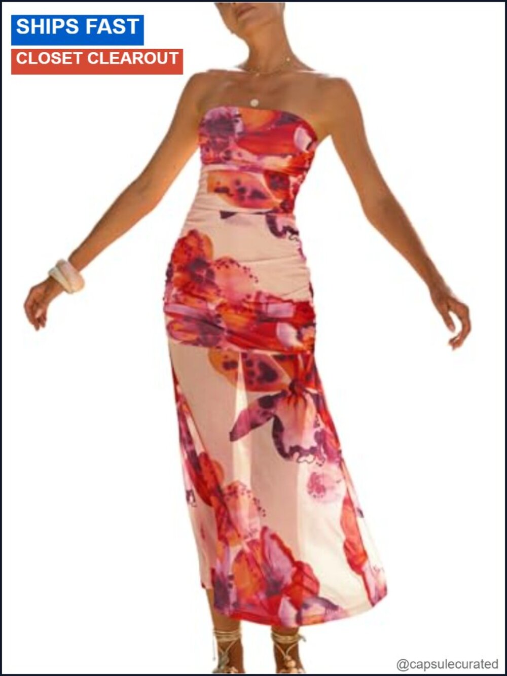 Boho Floral Strapless Ruched Bodycon Midi Dress Summer Beach Coverup